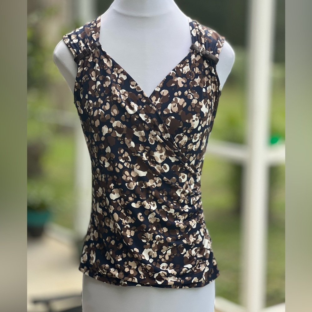 Michael Kors Brown Black Cream Print Sleeveless Wrap Top